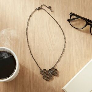 Honeycomb Bee Pendant Necklace Antiqued Silver Tone 18.5" Adjustable Geometric